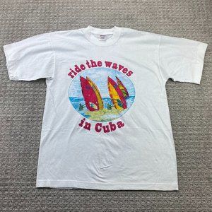 Vintage Shirt Men Large L White Ride The Waves in Cuba Surf Board Surfing Surfer